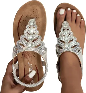 ZBYY Women Rhinestone Sandals T-Strap Elastic Strap Bohemian Crystal Flat Sandals Thong Ankle Strap Summer Gladiator Sandals