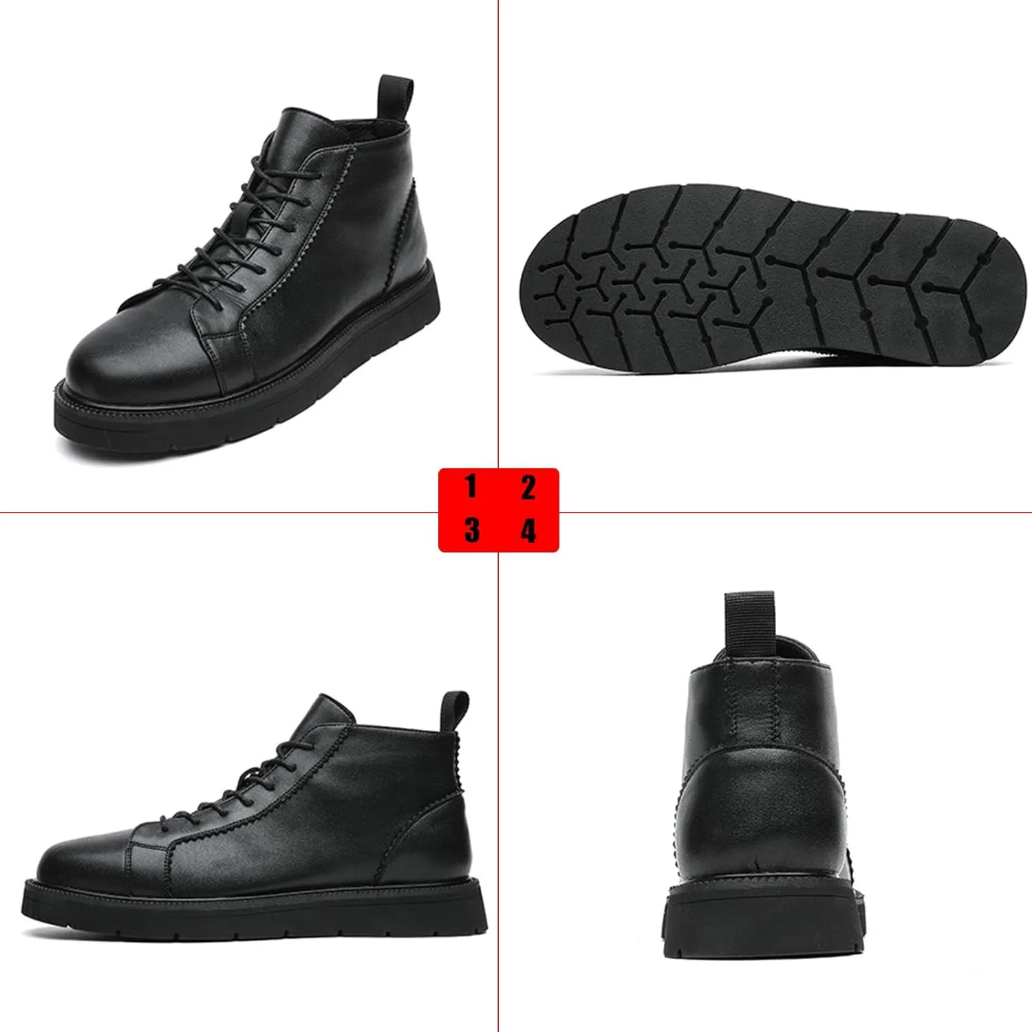 Zeberfi Men's Platform Black Leather Fleece-Lined Chukka Boots Fashion Winter Warm Lace Up Round Toe High Top Casual Sneakers Comfort Waterproof Non-slip Formal Business Work Ankle Boots