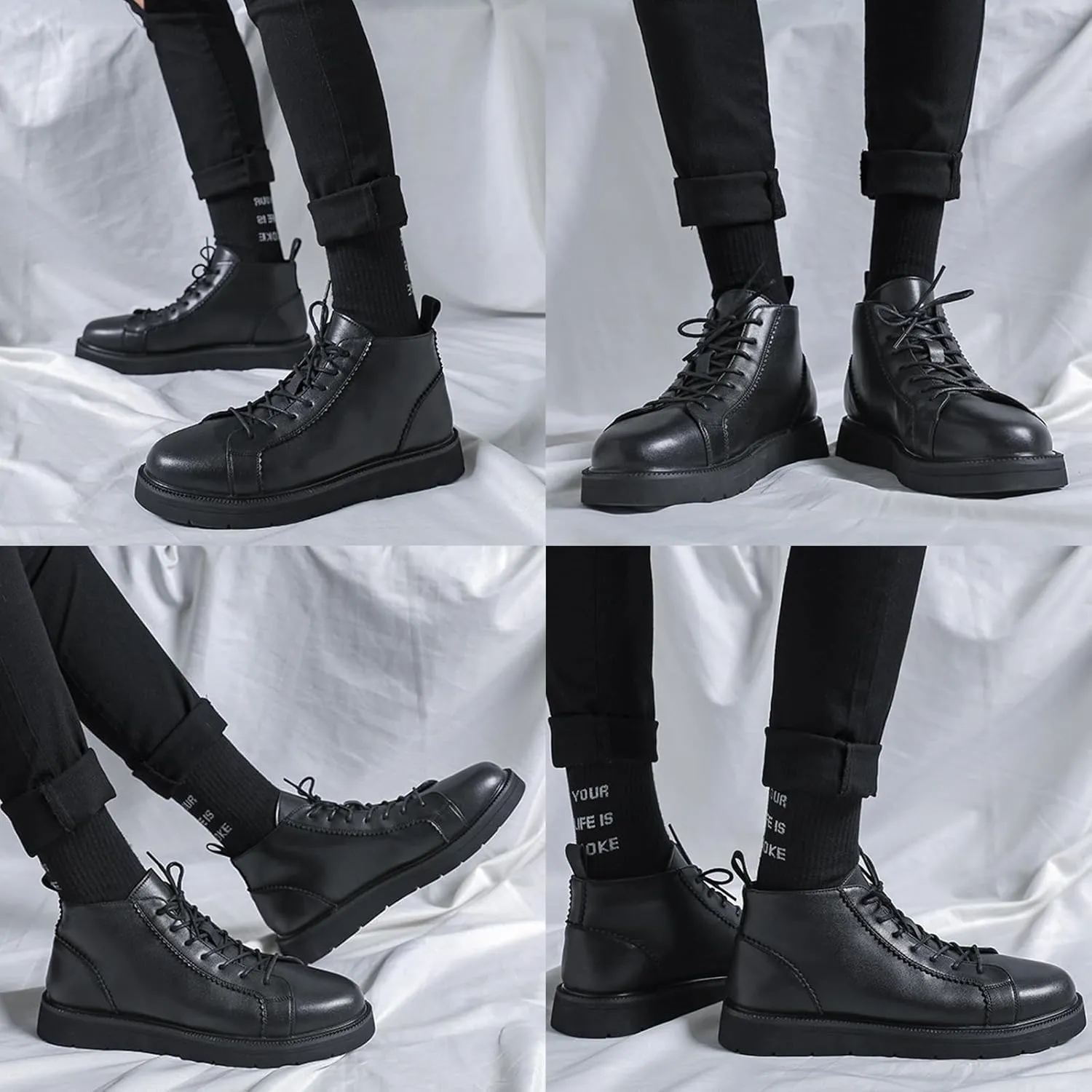 Zeberfi Men's Platform Black Leather Fleece-Lined Chukka Boots Fashion Winter Warm Lace Up Round Toe High Top Casual Sneakers Comfort Waterproof Non-slip Formal Business Work Ankle Boots