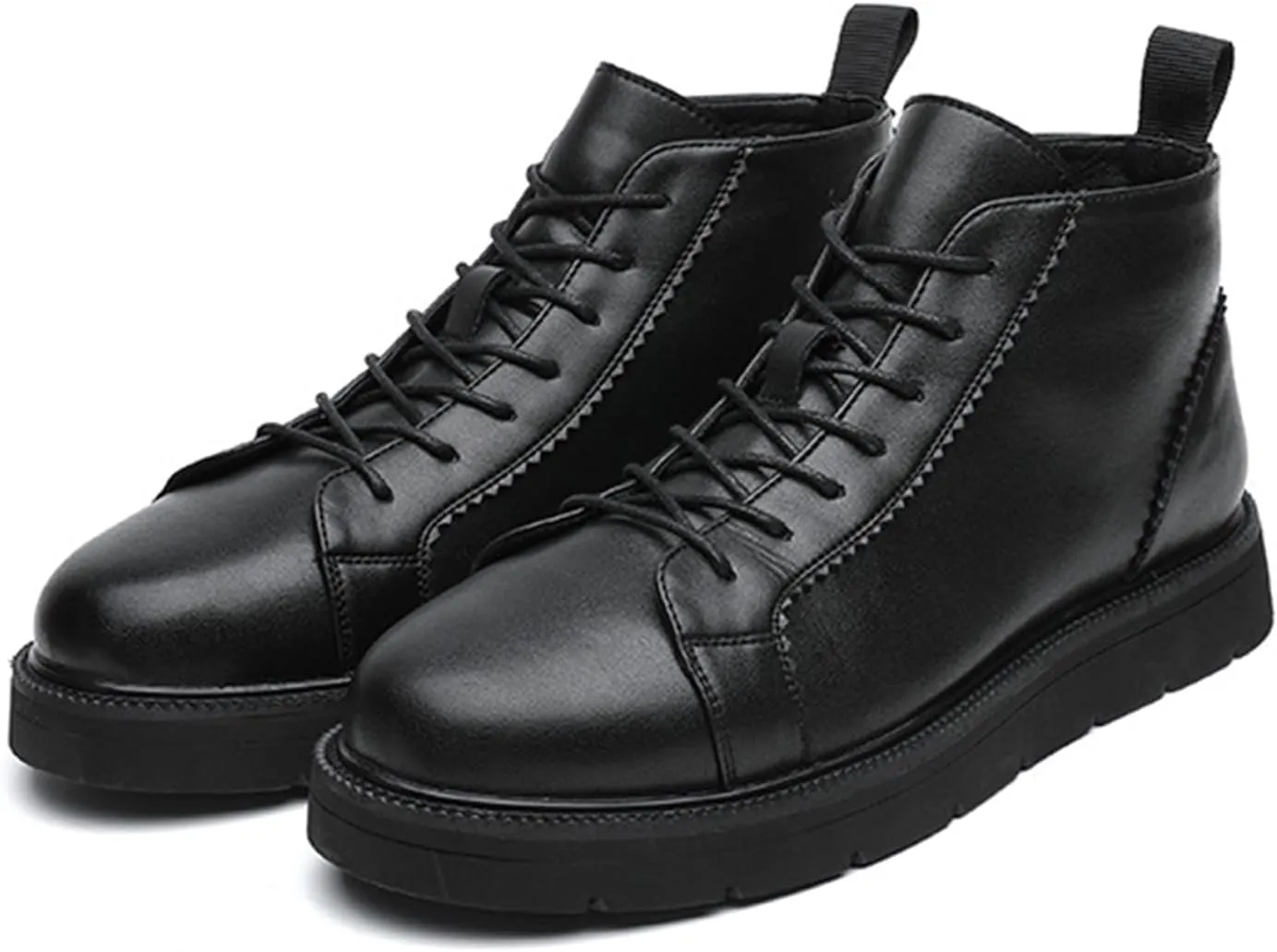 Zeberfi Men's Platform Black Leather Fleece-Lined Chukka Boots Fashion Winter Warm Lace Up Round Toe High Top Casual Sneakers Comfort Waterproof Non-slip Formal Business Work Ankle Boots