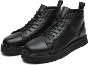 Zeberfi Men's Platform Black Leather Fleece-Lined Chukka Boots Fashion Winter Warm Lace Up Round Toe High Top Casual Sneakers Comfort Waterproof Non-slip Formal Business Work Ankle Boots