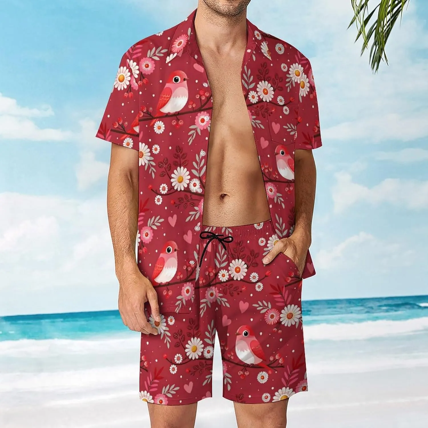 ZHANGXM Tyrannosaurus-Rex Print Men's Button-Up Shirt Hawaiian Shirt Party Beach Shorts