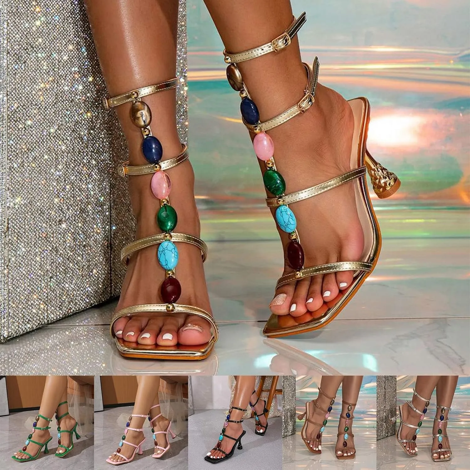 ZSpzx Summer Sandals For Women 2025,Women's Square Open Toe Sandals Beaded T-strap Stiletto Heels Womens Ankle Strap Sandal Slip on Casual Dress Sexy Shoes for Party,Wedding,and Vacation
