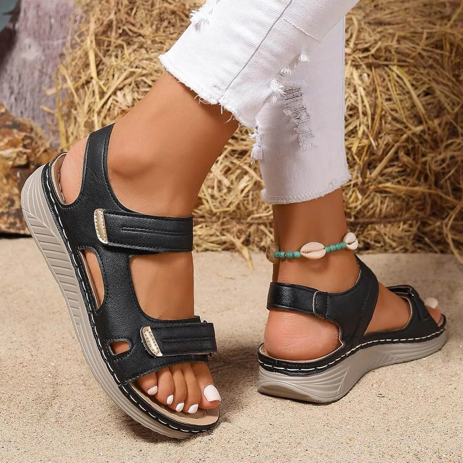 ZSpzx Womens Sandals Wedge Platform Summer Ankle Strap Open Toe Dressy Women Comfortable Walking Low Sandal Arch Support Shoes Dress Bohe Orthopedic Casual Bunion Orthotic Beach Slip On Slides