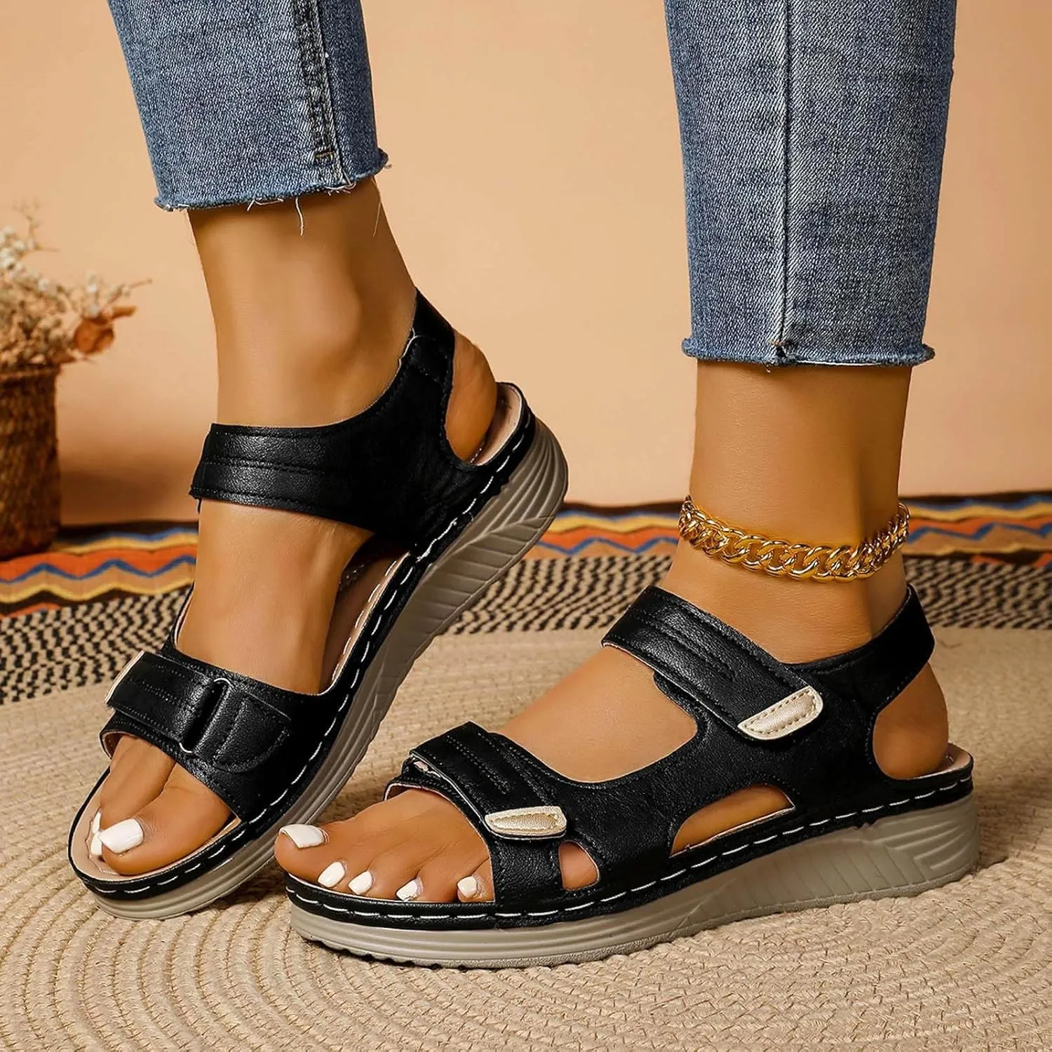 ZSpzx Womens Sandals Wedge Platform Summer Ankle Strap Open Toe Dressy Women Comfortable Walking Low Sandal Arch Support Shoes Dress Bohe Orthopedic Casual Bunion Orthotic Beach Slip On Slides