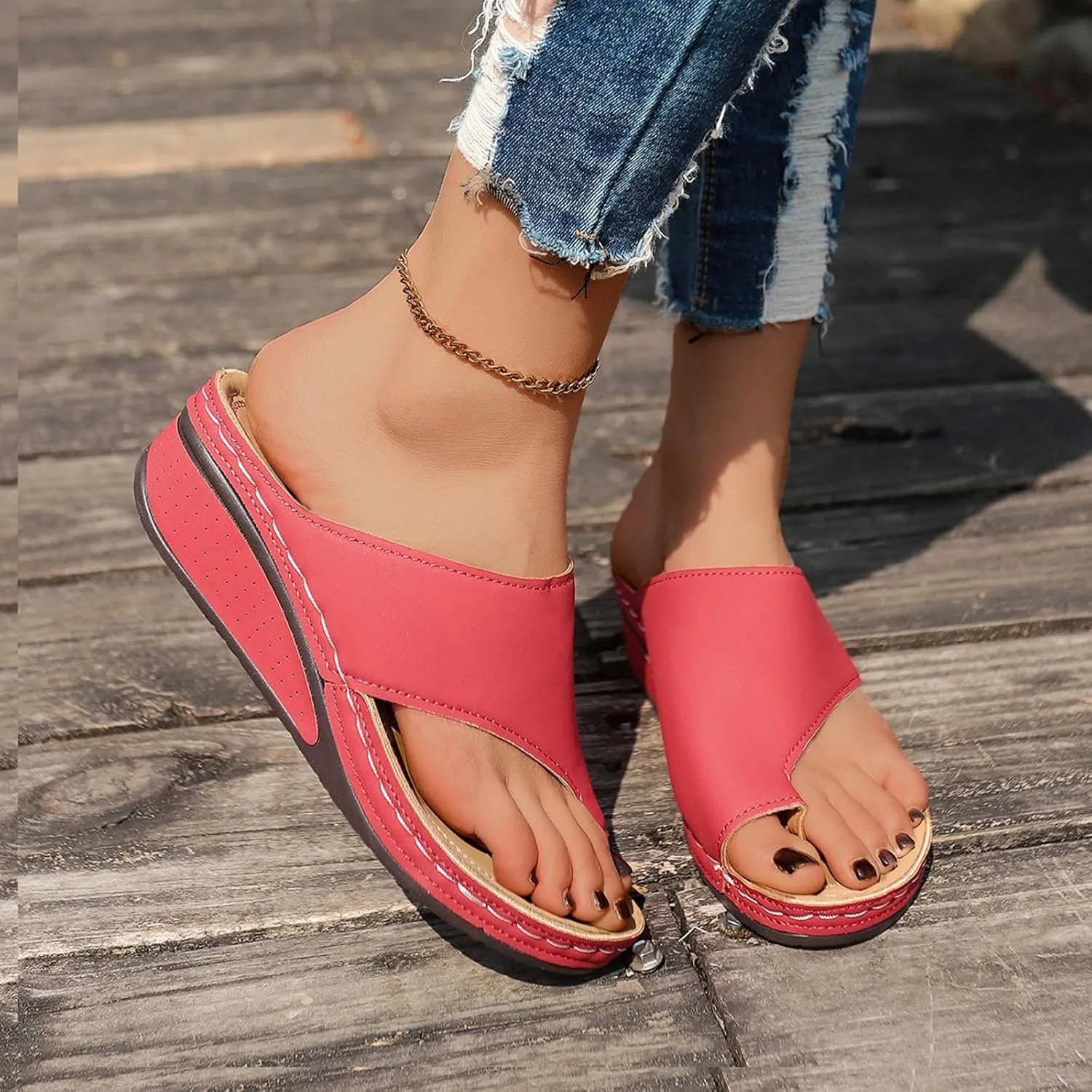 ZSpzx Women's Slide Sandals,Comfortable Arch Support Sandals Summer Orthotic Split Toe Leather Wedge Casual Sandal Cushion Flip Flops Womens Straps Slip-On Plantar Fasciitis Bunion Dressy Beach Shoes