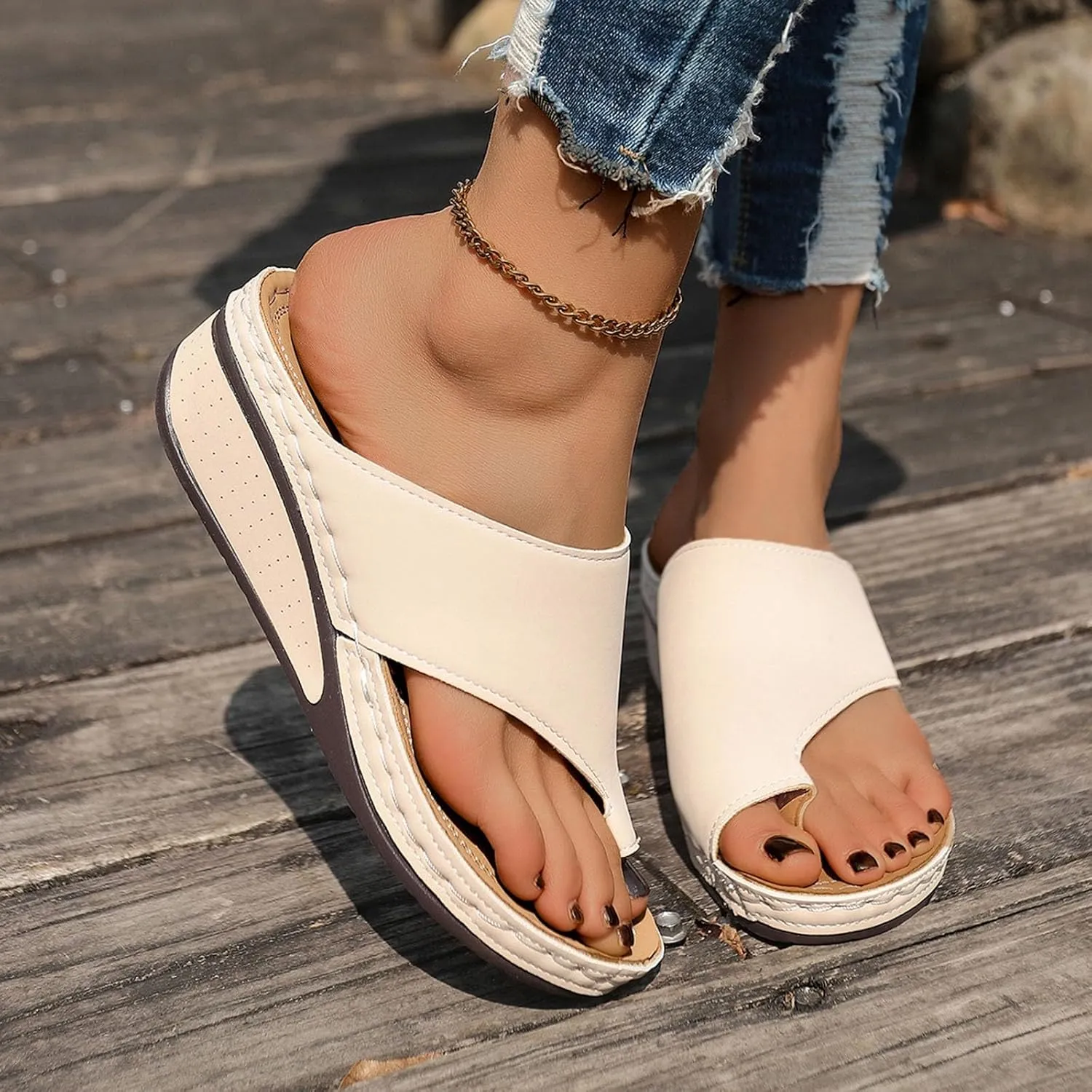 ZSpzx Women's Slide Sandals,Comfortable Arch Support Sandals Summer Orthotic Split Toe Leather Wedge Casual Sandal Cushion Flip Flops Womens Straps Slip-On Plantar Fasciitis Bunion Dressy Beach Shoes