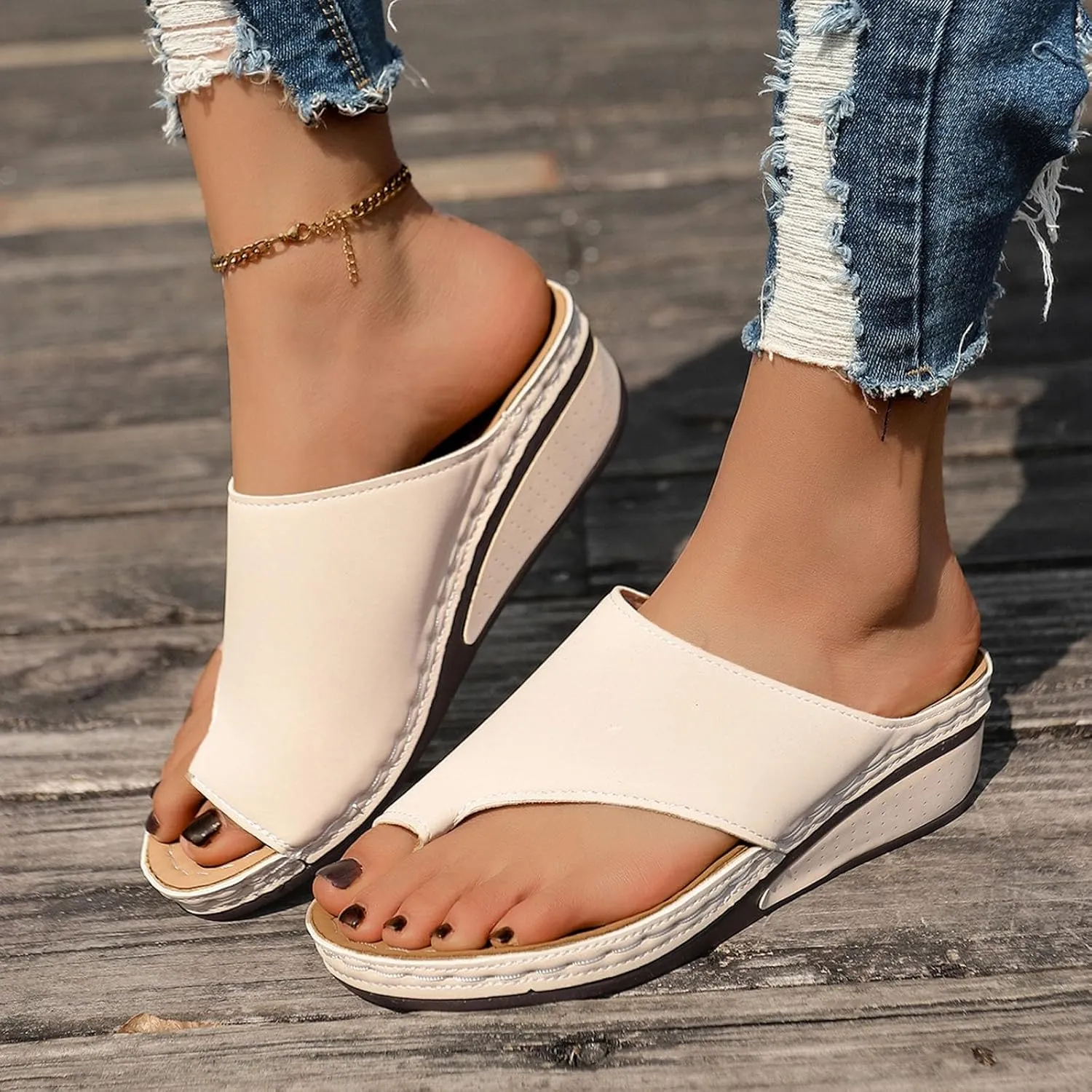 ZSpzx Women's Slide Sandals,Comfortable Arch Support Sandals Summer Orthotic Split Toe Leather Wedge Casual Sandal Cushion Flip Flops Womens Straps Slip-On Plantar Fasciitis Bunion Dressy Beach Shoes
