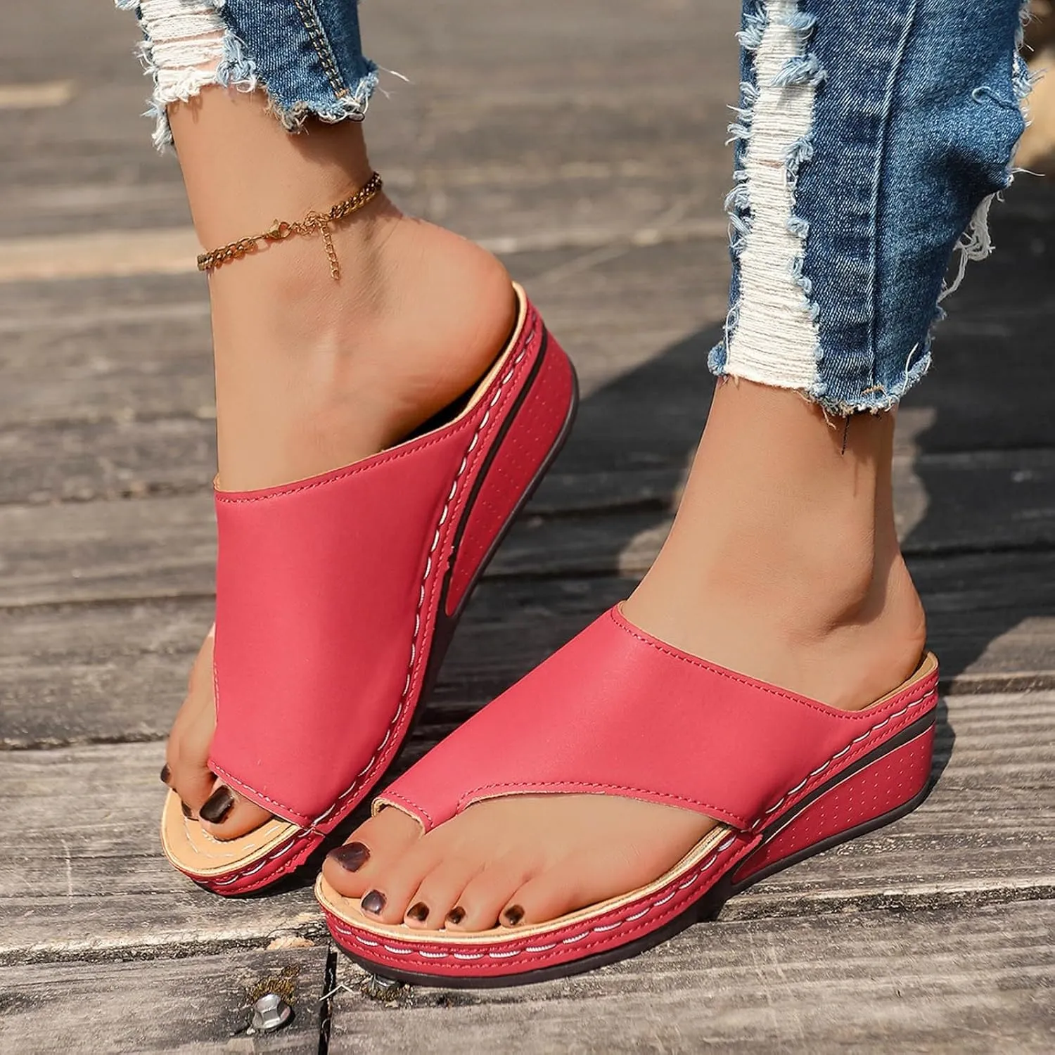 ZSpzx Women's Slide Sandals,Comfortable Arch Support Sandals Summer Orthotic Split Toe Leather Wedge Casual Sandal Cushion Flip Flops Womens Straps Slip-On Plantar Fasciitis Bunion Dressy Beach Shoes