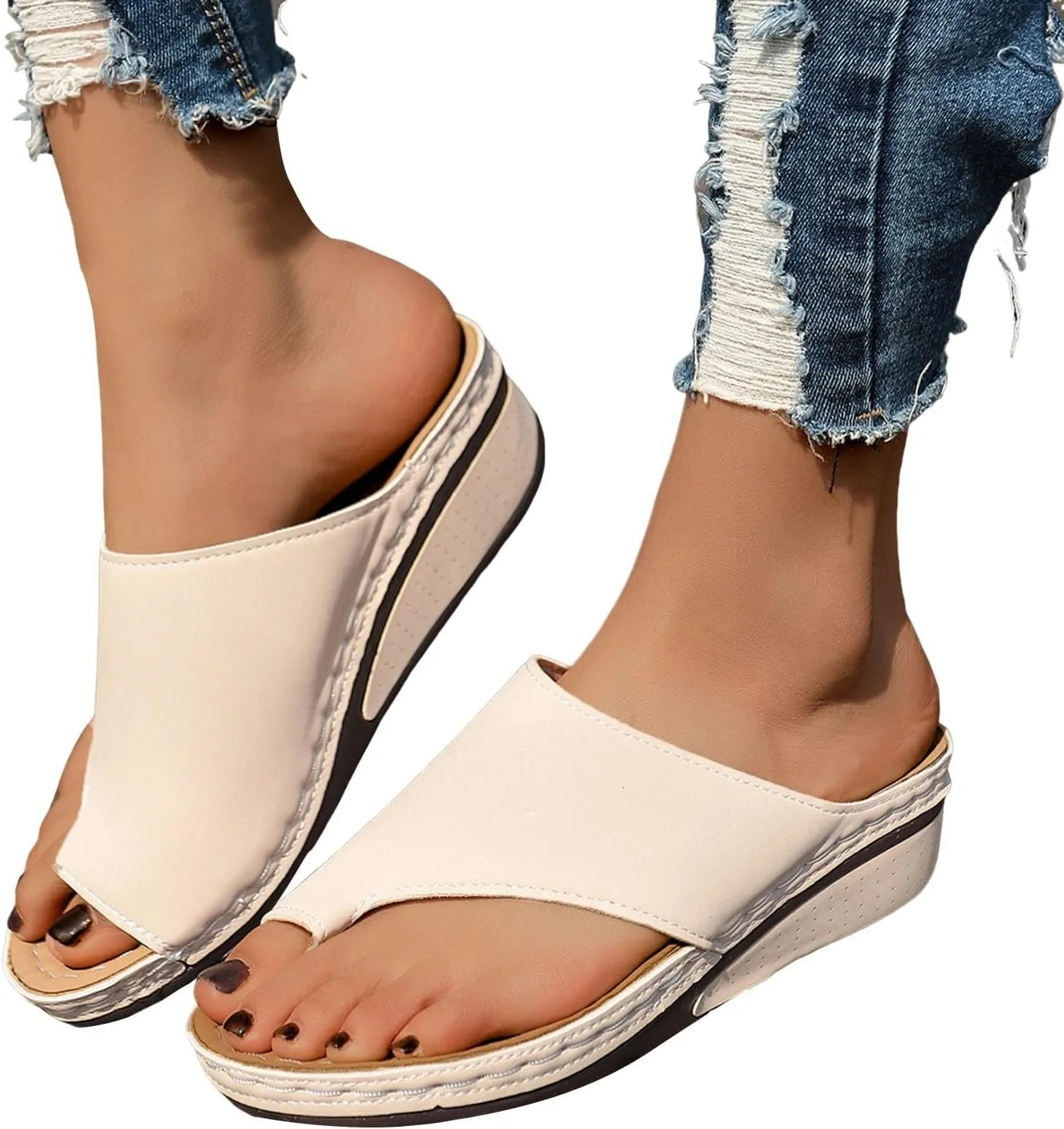 ZSpzx Women's Slide Sandals,Comfortable Arch Support Sandals Summer Orthotic Split Toe Leather Wedge Casual Sandal Cushion Flip Flops Womens Straps Slip-On Plantar Fasciitis Bunion Dressy Beach Shoes