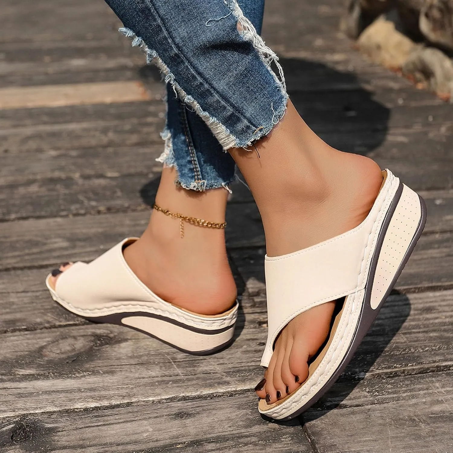 ZSpzx Women's Slide Sandals,Comfortable Arch Support Sandals Summer Orthotic Split Toe Leather Wedge Casual Sandal Cushion Flip Flops Womens Straps Slip-On Plantar Fasciitis Bunion Dressy Beach Shoes
